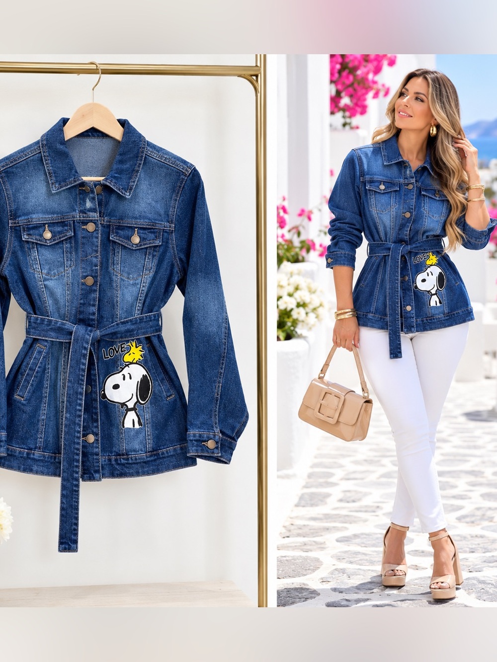 Blue Denim Belted Jean Jacket with Snoopy Patch